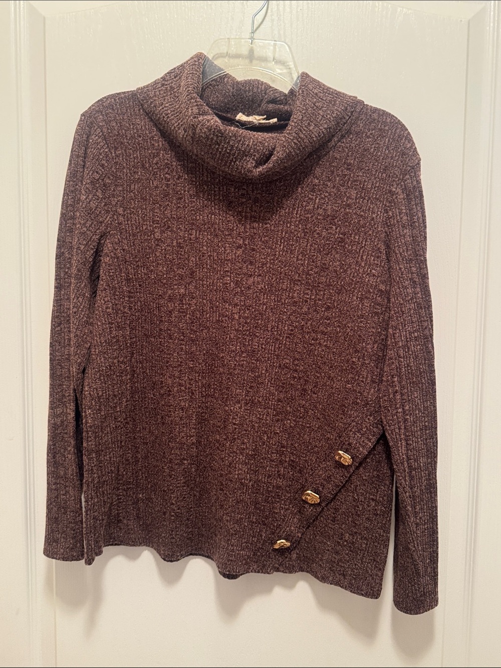 Parallel Skies Women's Brown Cowl Neck Sweater with Side Button Detail - Size L
